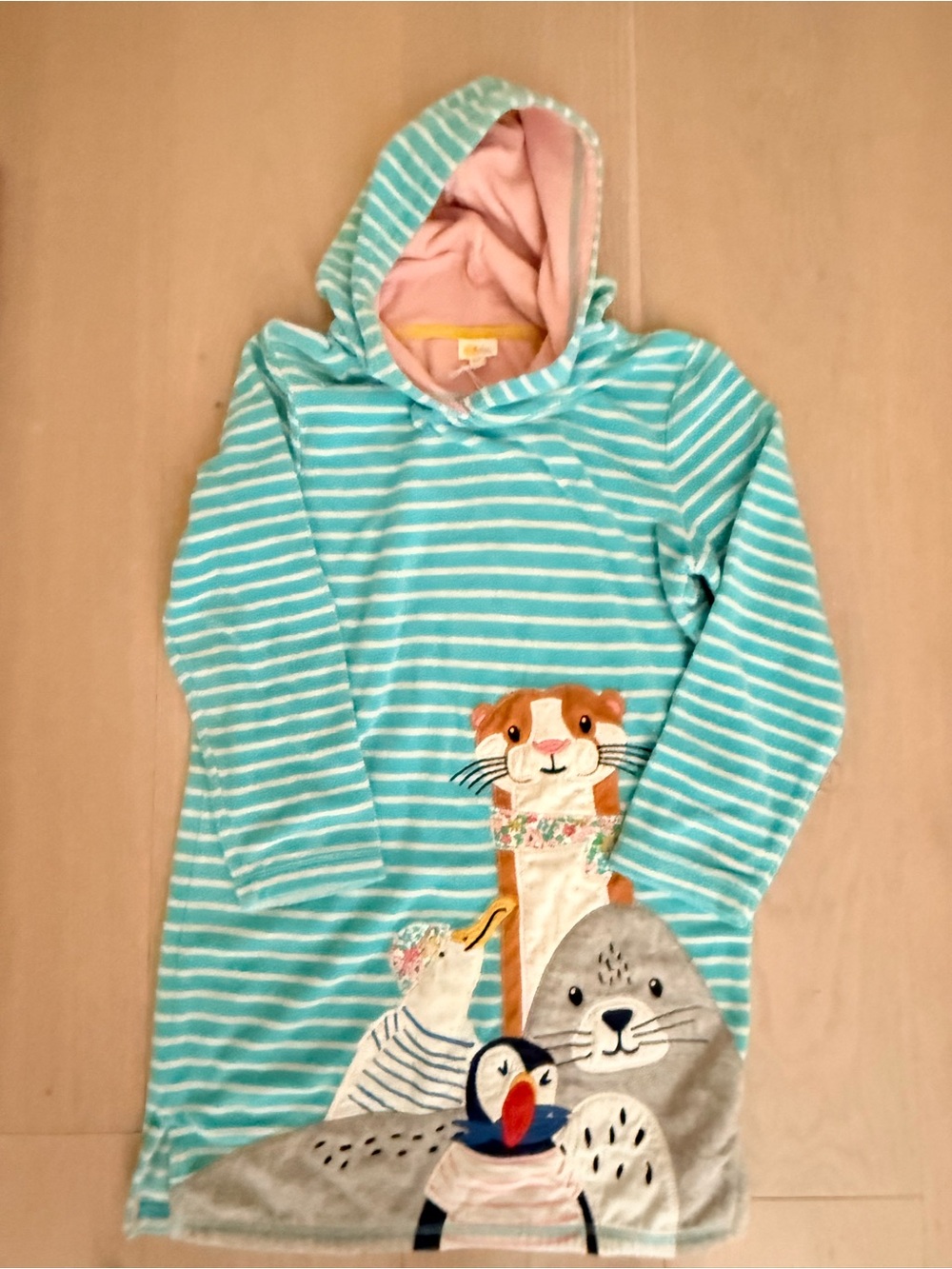 Mini Boden Aqua & White Striped Hooded Tunic with Animal Appliqués